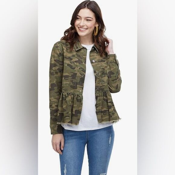 Mud Pie Camo Button Down Jacket Peplum Raw Hem Size Small - Picture 1 of 11